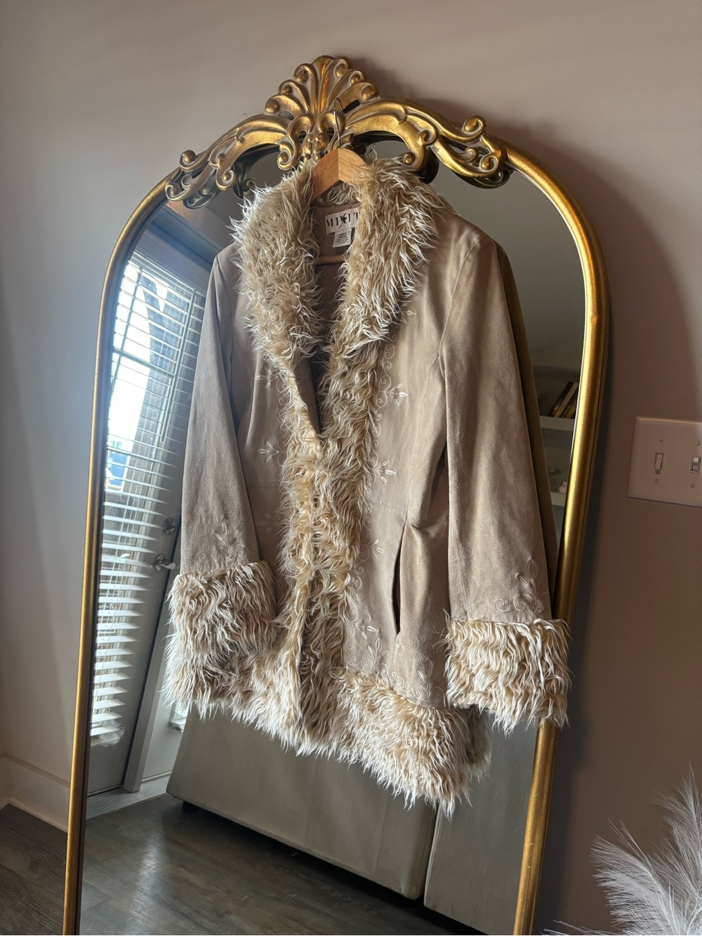 Mixit Beige Faux-Fur Trim Teddy Brown Leather Jacket